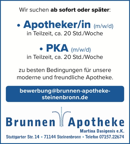 Stellenanzeige je für eine 20h-Teilzeitstelle als Apotheker oder PKA (je m/w/d)